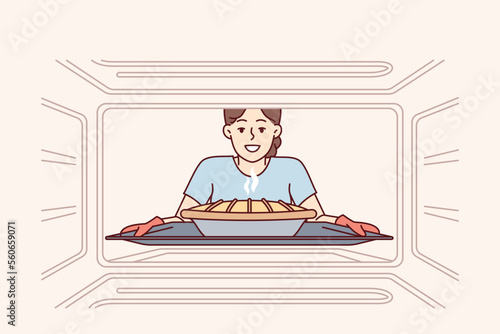 Woman housewife takes ready-made pie out of oven to please family with delicious treat during dinner. Face of girl using gloves taking baking sheet with baked dish from oven. Flat vector illustration 