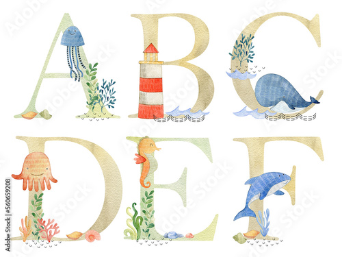 Photography Watercolor sea animals letters for invitation card, nursery poster and other