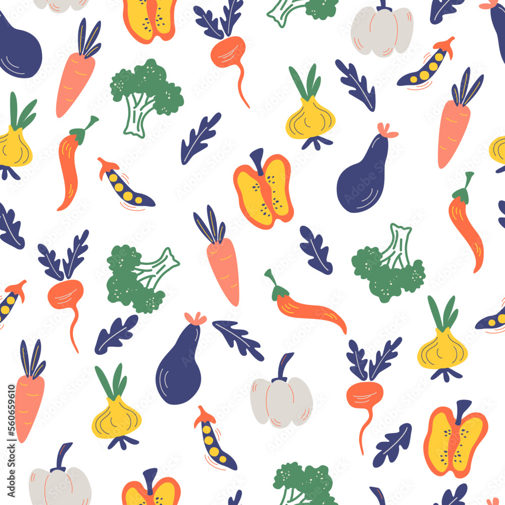 Fototapeta premium Vegetables seamless pattern. Healthy nutrition cartoon texture. Organic food scandinavian illustrations. Flat hand drawn Kitchen textile on the white background. 