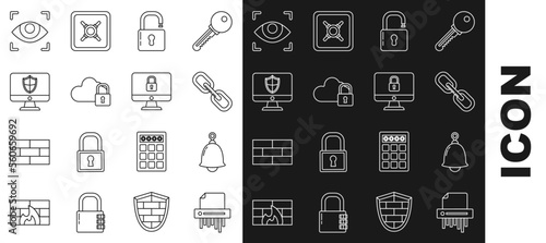 Set line Paper shredder confidential, Ringing bell, Chain link, Open padlock, Cloud computing, Computer monitor and shield, Eye scan and Lock computer screen icon. Vector
