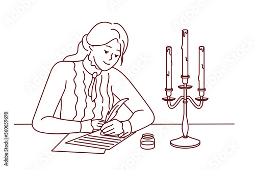 Young woman in retro clothes sit at desk write with feather and candles burning. Happy lady handwrite on paper during old times. Vintage style. Vector illustration. 