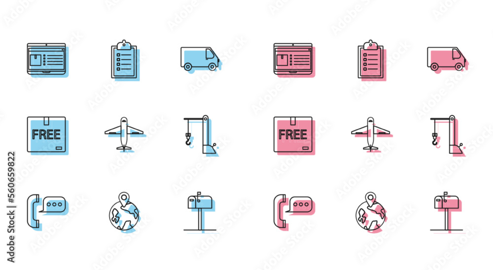 Set line Telephone with speech bubble chat, Worldwide, Laptop app delivery tracking, Open mail box, Plane, Harbor port crane, Cardboard free symbol and Verification of list clipboard icon. Vector Set line Telephone with speech bubble chat, Worldwide, Laptop app delivery tracking, Open mail box, Plane, Harbor port crane, Cardboard free symbol and Verification of list clipboard icon. Vector