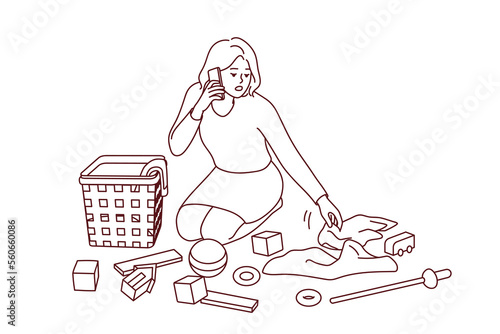 Young mother cleaning children room talking on cellphone. Mom tidy kids clothes on floor speaking on phone. Vector illustration. 