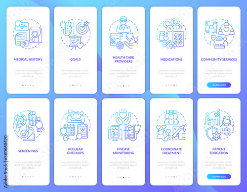 Chronic conditions management blue gradient onboarding mobile app screen set. Walkthrough 5 steps graphic instructions with linear concepts. UI, UX, GUI template. Myriad Pro-Bold, Regular fonts used