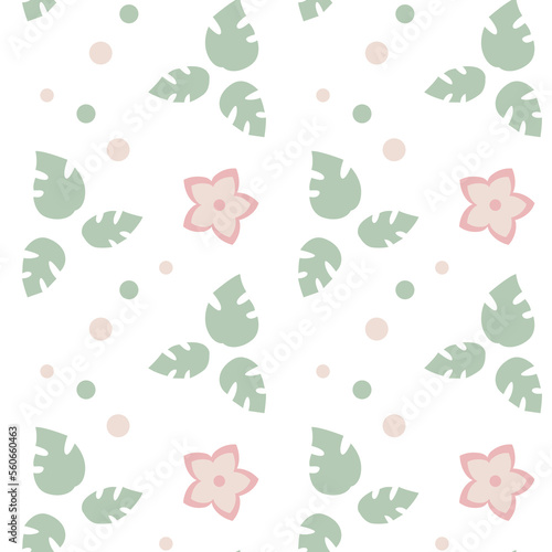 Vector seamless pattern with a monstera leaves and flowers. Floral simple wallpaper. Nature plant texture.