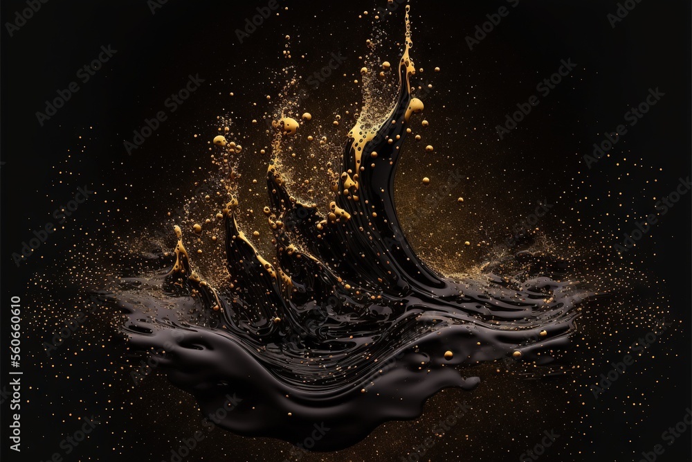 a splash of water with gold bubbles on a black background with a black ...