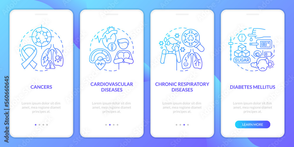 Chronic diseases major groups blue gradient onboarding mobile app screen. Walkthrough 4 steps graphic instructions with linear concepts. UI, UX, GUI template. Myriad Pro-Bold, Regular fonts used Chronic diseases major groups blue gradient onboarding mobile app screen. Walkthrough 4 steps graphic instructions with linear concepts. UI, UX, GUI template. Myriad Pro-Bold, Regular fonts used