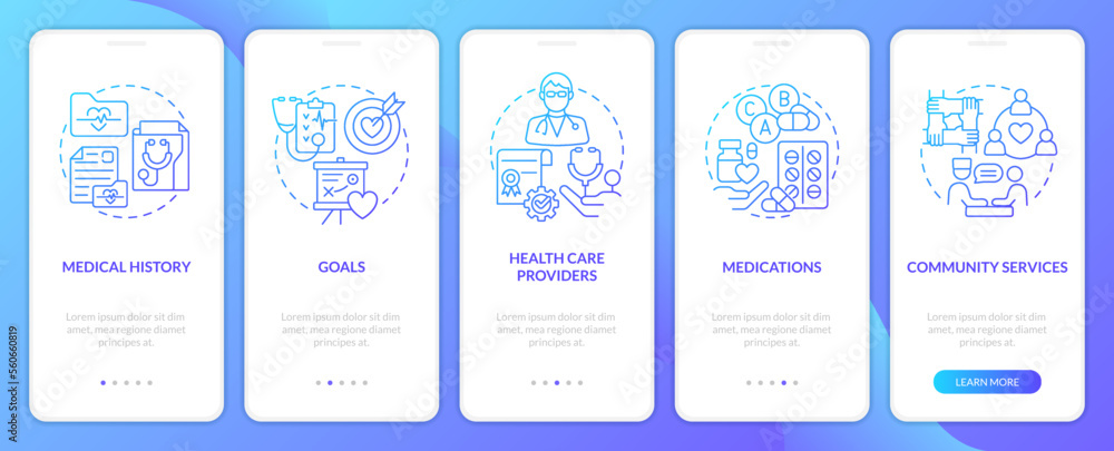 Chronic disease care plan blue gradient onboarding mobile app screen. Walkthrough 5 steps graphic instructions with linear concepts. UI, UX, GUI template. Myriad Pro-Bold, Regular fonts used