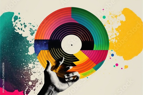  a hand holding a colorful record in front of a multicolored background with splatters of paint on it and a hand holding a record in the foreground with a finger,., generative ai