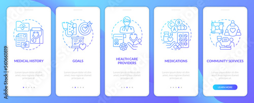Chronic disease care plan blue gradient onboarding mobile app screen. Walkthrough 5 steps graphic instructions with linear concepts. UI, UX, GUI template. Myriad Pro-Bold, Regular fonts used