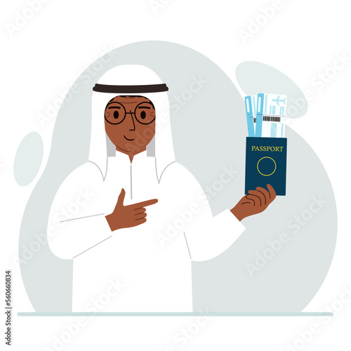 A man holds a passport with air tickets. The man shows the boarding pass. Travel concept.