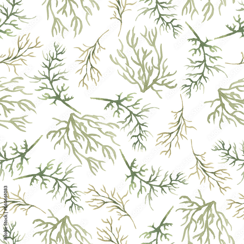 Fototapeta premium Watercolor green branch seamless pattern, delicate greenery repeat paper, florals background, grass paper, textile printing