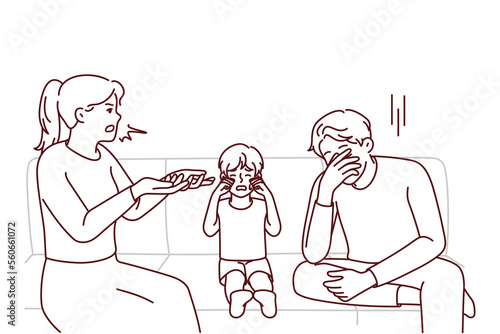 Unhappy kid crying because of parents arguing and fighting. Upset distressed child suffer from mother and father quarrelling. Vector illustration. 