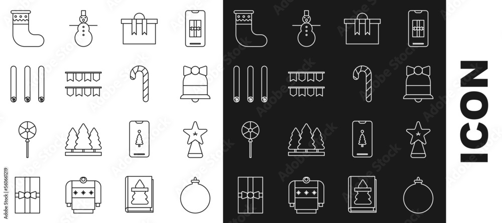 Set line Christmas ball, star, Merry ringing bell, Gift box, Carnival garland with flags, Three rolled sticks of cinnamon, stocking and candy cane stripes icon. Vector