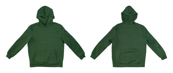Template blank hoodie. Green men's hoodie, sweatshirt with hood front and back view isolated on white background. Men's clothing isolate, modern youth jacket, mockup for logo, design, advertising