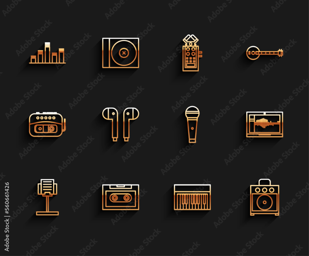 Set line Music stand, Retro audio cassette tape, equalizer, synthesizer, Guitar amplifier, Air headphones, Sound or recorder laptop and Microphone icon. Vector Set line Music stand, Retro audio cassette tape, equalizer, synthesizer, Guitar amplifier, Air headphones, Sound or recorder laptop and Microphone icon. Vector
