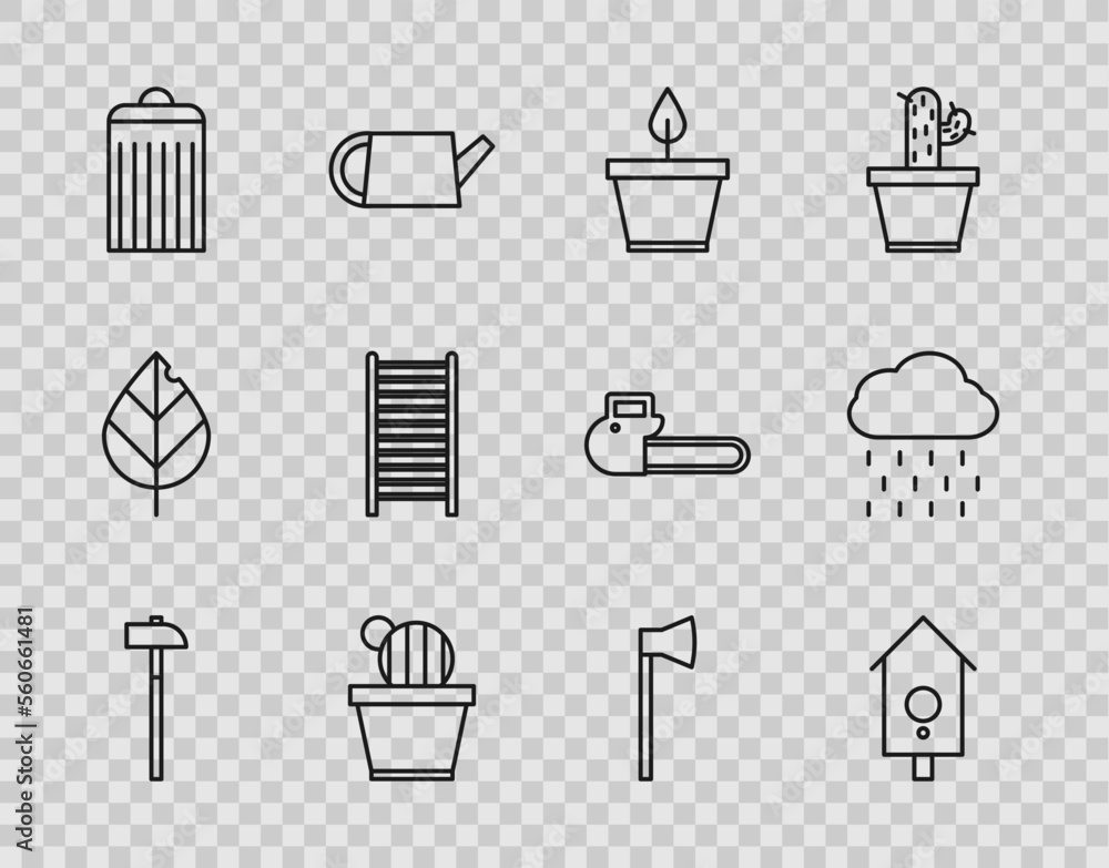 Set line Hammer, Retro wall watch, Plant in pot, Cactus and succulent, Trash can, Wooden staircase, axe and Cloud with rain icon. Vector Set line Hammer, Retro wall watch, Plant in pot, Cactus and succulent, Trash can, Wooden staircase, axe and Cloud with rain icon. Vector