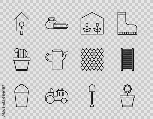 Set line Bucket, Flower in pot, Home greenhouse and plants, Tractor, Retro wall watch, Watering can, Shovel and Wooden staircase icon. Vector
