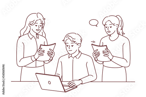 Female employee with paperwork stand near male boss or CEO in office. Businesspeople cooperate at table at workplace using computer. Teamwork. Vector illustration. 