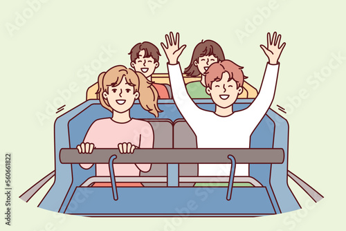 Joyful teenage children ride rollercoaster and raise hands smiling enjoying high speed or sharp lifting. Happy boys and girls while visiting amusement park with roller coaster. Flat vector image