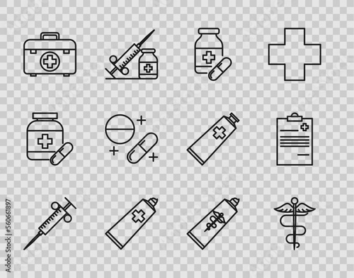 Set line Syringe, Caduceus snake medical symbol, Medicine bottle and pills, Ointment cream tube medicine, First aid kit, or tablet, and Medical clipboard with clinical record icon. Vector
