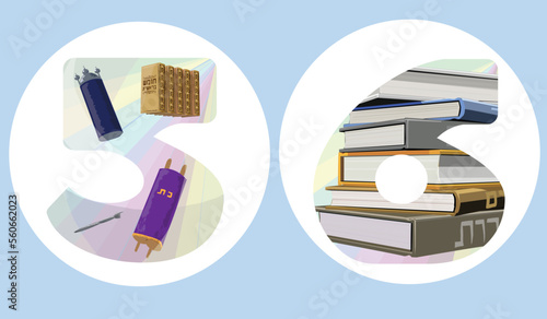 Vector icons of the jewish song Who Knows One? A Passover Seder Counting lyrics. Five are the books of the Torah. Six are the books of the Mishnah. Symbols of numbers in Judaism. artistically drawn.