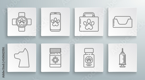 Set line Cat  Online veterinary clinic symbol  Dog medicine bottle and pills  Syringe with pet vaccine  Pet first aid kit  bed and Veterinary icon. Vector