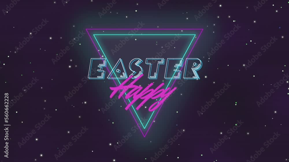 Happy Easter with neon retro triangle in dark galaxy, motion abstract holidays, retro and business style background Happy Easter with neon retro triangle in dark galaxy, motion abstract holidays, retro and business style background