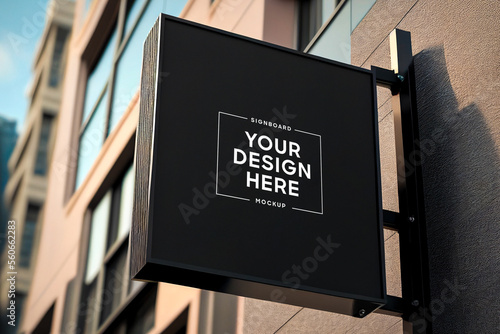 Black square signboard mockup in outside for logo design, brand presentation for companies, ad, advertising, shops.  photo