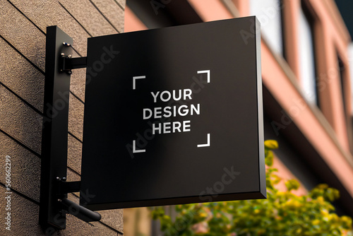 Black square signboard mockup in outside for logo design, brand presentation for companies, ad, advertising, shops. 