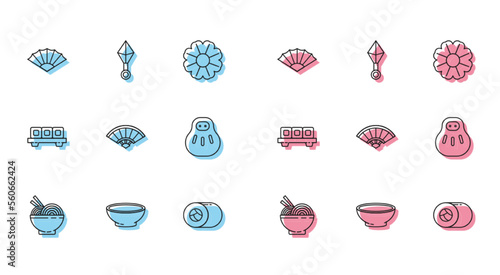 Set line Asian noodles in bowl and chopsticks, Bowl of hot soup, Paper chinese or japanese folding fan, Sushi, Maneki neko cat, on cutting board and Japanese ninja shuriken icon. Vector