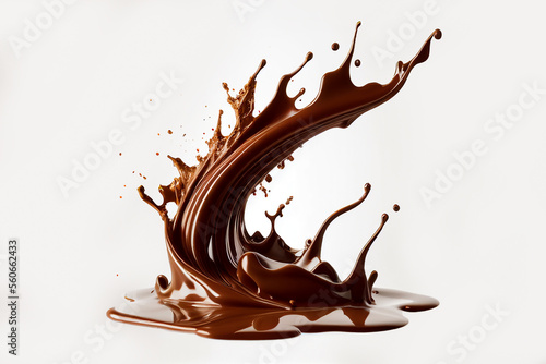 Close up pouring liquid chocolate crown splash in a liquid chocolate pool with circle ripples side view, isolated on white background.
