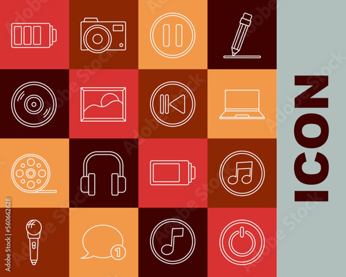 Set line Power button, Music note, tone, Laptop, Pause, Picture landscape, Vinyl disk, Battery charge level indicator and Rewind icon. Vector