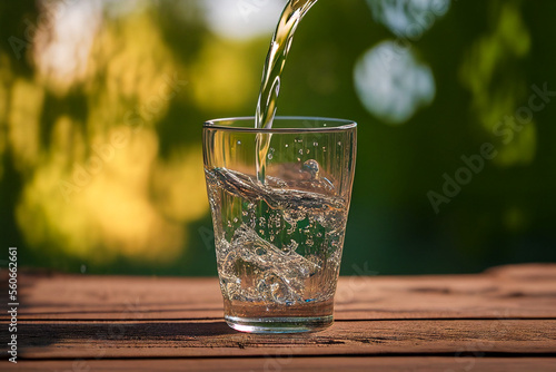 A glass of water. Water is pouring from above into the glass on the wooden table in the green garden.