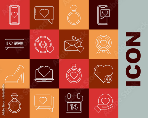 Set line Heart on hand, in the center of darts target aim, Wedding rings, Romantic music, Speech bubble with I love you, Mobile phone heart and Envelope icon. Vector