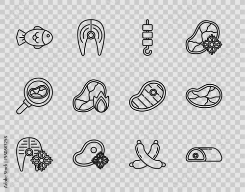Set line Fresh frozen fish steak, Meat, Grilled shish kebab on skewer stick, meat, Fish, and fire flame, Crossed sausage and Steak icon. Vector