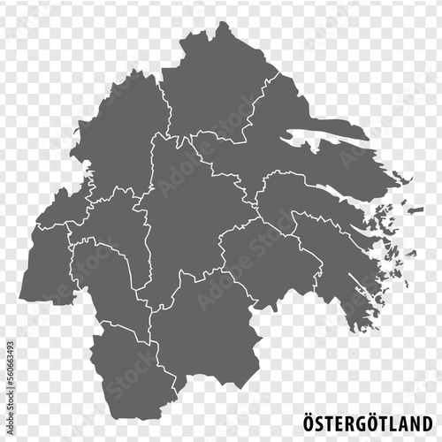 Blank map Ostergotland County of Sweden. High quality map Ostergotland County on transparent background for your web site design, logo, app, UI. Sweden. EPS10.