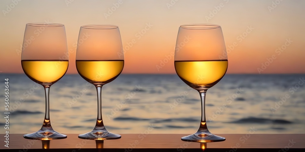 glasses of white wine at the beach - Generative AI