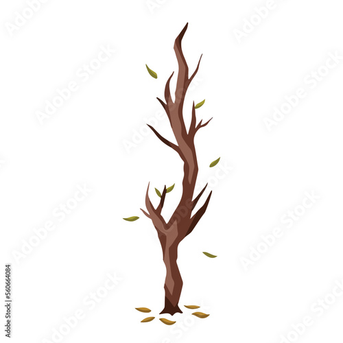 Colored withering thin tree branch with falling leaves vector illustration isolated on white background. Dying tree drawing with cartoon simple flat art style and colors.concept, disaster, eco, decora