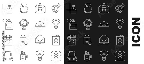 Set line Heart with 8 March, Greeting card, Female gender symbol, Envelope, Round makeup mirror, Perfume, Diamond engagement ring and Elegant women hat icon. Vector