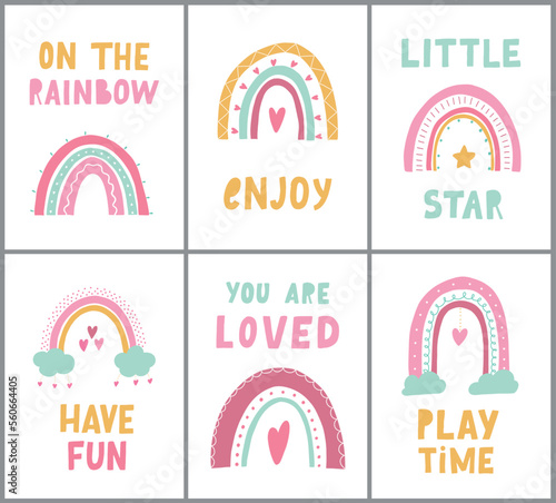 set of six nursery posters decorated with rainbows and lettering quotes. Good for apparel and clothing, banners, stickers, prints, stationary, etc. EPS 10