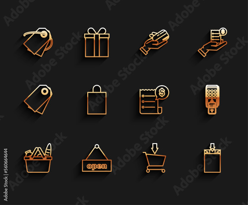Set line Shopping basket and food, Add to cart, Paper shopping bag, POS terminal printed reciept confirms the payment by smartphone and check financial check icon. Vector
