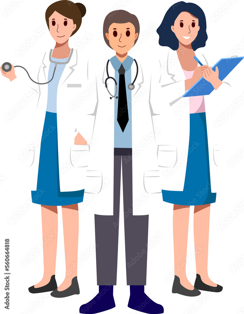 Medical Team . Doctors with white coat . Cartoon characters . Vector . Medical Team . Doctors with white coat . Cartoon characters . Vector .