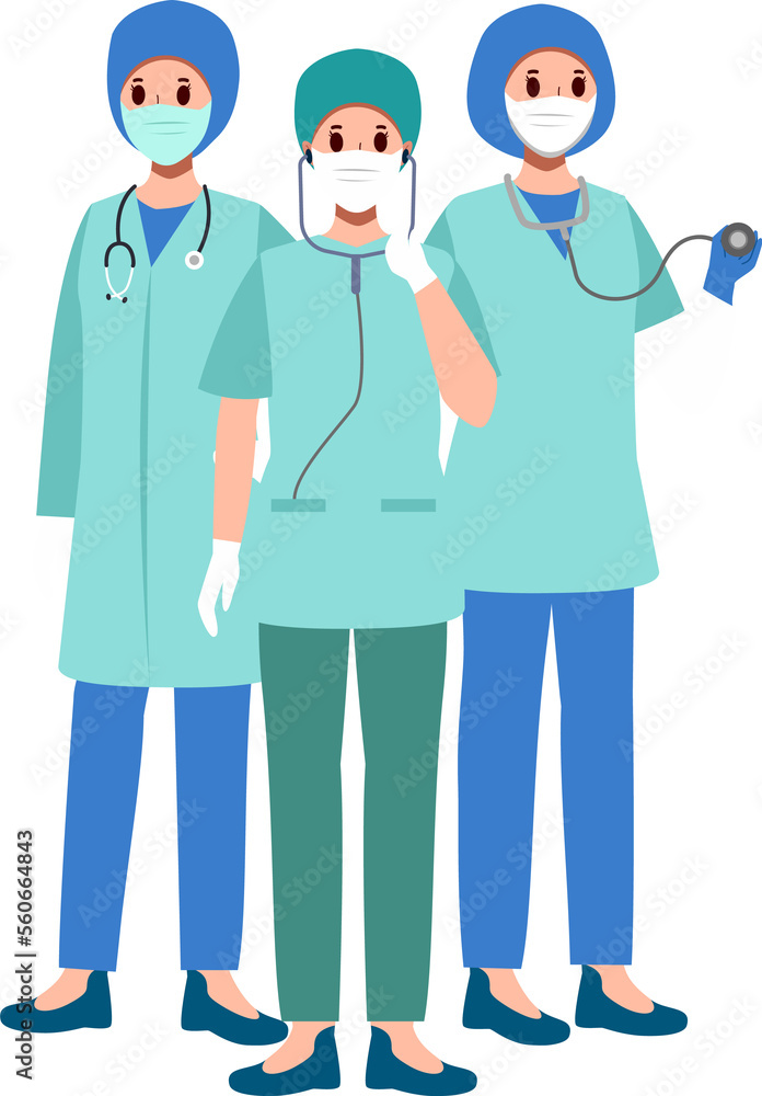Medical Team . Surgeons with surgical gowns . Cartoon characters . Medical Team . Surgeons with surgical gowns . Cartoon characters .