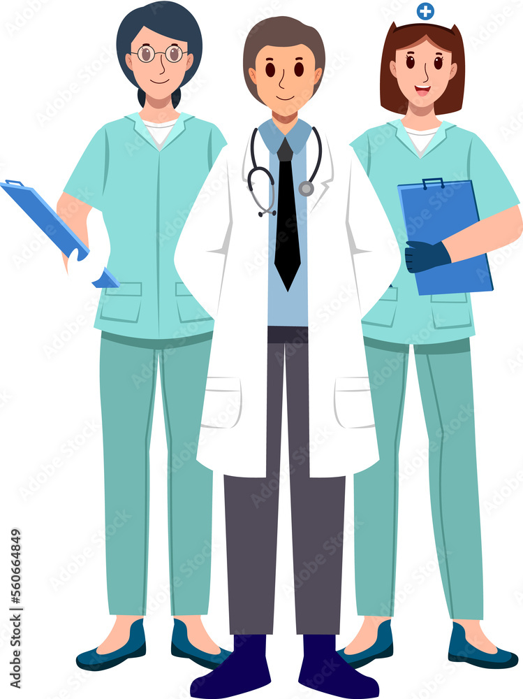 Medical Team . Doctors and nurse assistant . Cartoon characters . Medical Team . Doctors and nurse assistant . Cartoon characters .