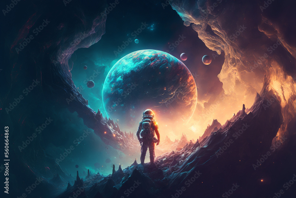 Generative ai astronaut exploring planet watching outer space. Stock ...
