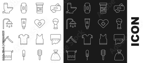 Set line Garbage bag, Paper towel dispenser on wall, Shaving brush, Medicine bottle, Tube of toothpaste, Shower head, Toilet bowl and Heart with cross icon. Vector