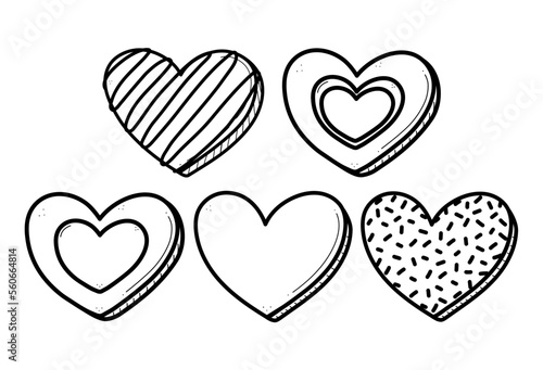 Valentines day decorated doodle cookies set. Gingerbread heart cookies collection vector illustration.
