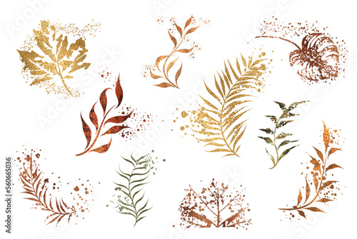 Minimalist style of hand drawn plants. Vector plants and grasses in gold style with gloss effects and and gold paint splatters. With leaves and organic shapes.