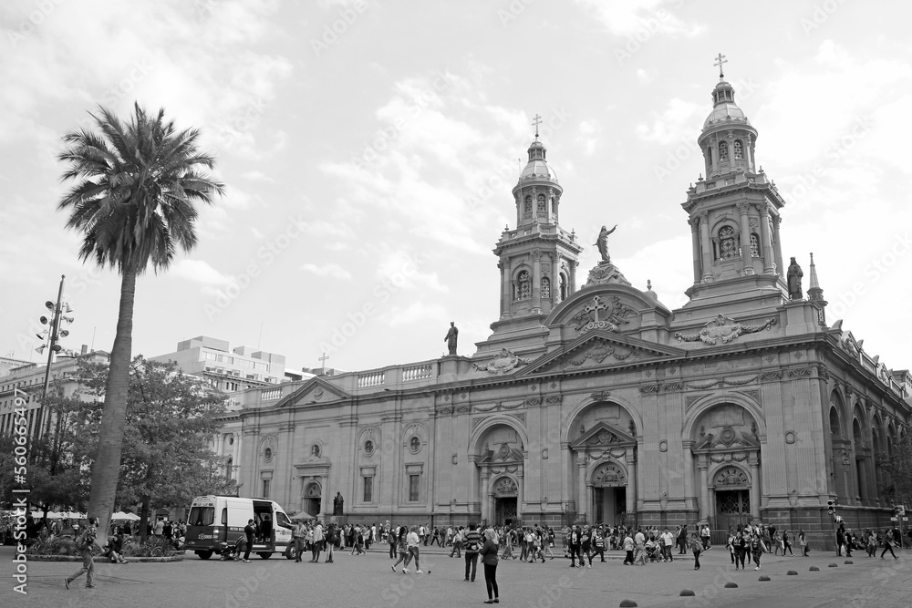 Fototapeta premium The Metropolitan Cathedral of Santiago, Amazing Landmark on Plaza de Armas Square of Santiago, Chile in Monochrome